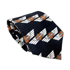 Harley Davidson Neck Tie  1990s Logo Black Orange Vintage Retro Silk USA Made